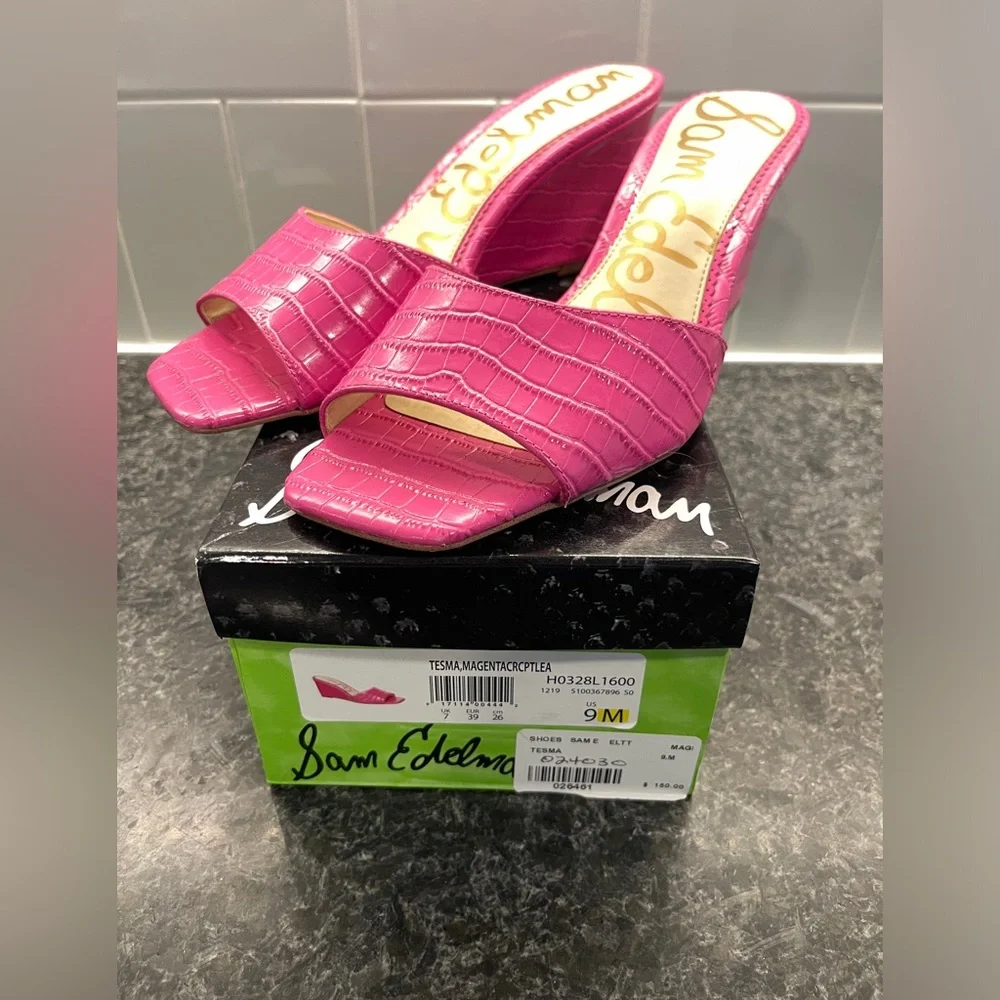 Sam Edelman Tesma Wedge Mule Sandals - Magenta Crocodile Leather - Size 9 EUC - Picture 1 of 7